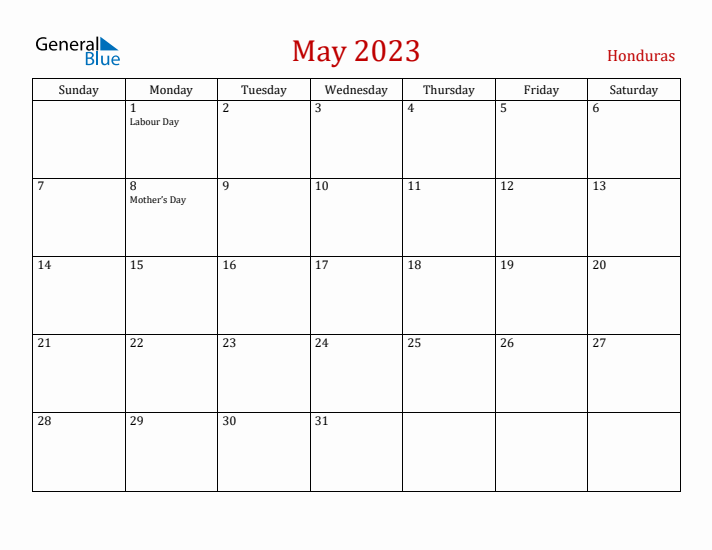 Honduras May 2023 Calendar - Sunday Start