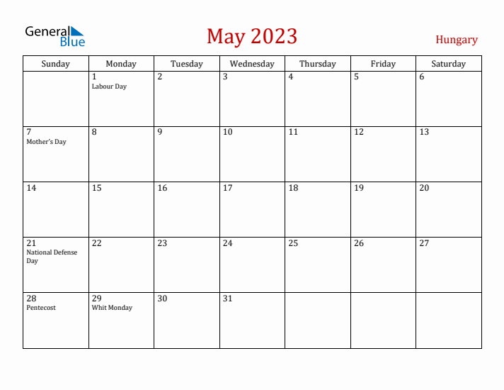 Hungary May 2023 Calendar - Sunday Start