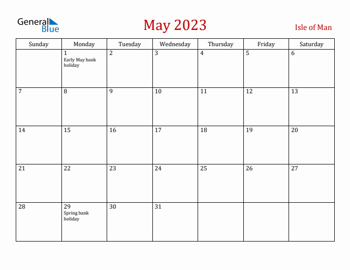Isle of Man May 2023 Calendar - Sunday Start