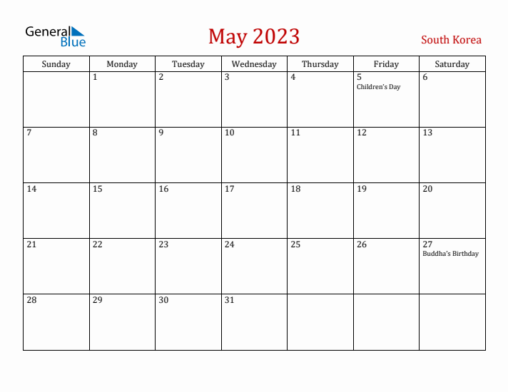 South Korea May 2023 Calendar - Sunday Start