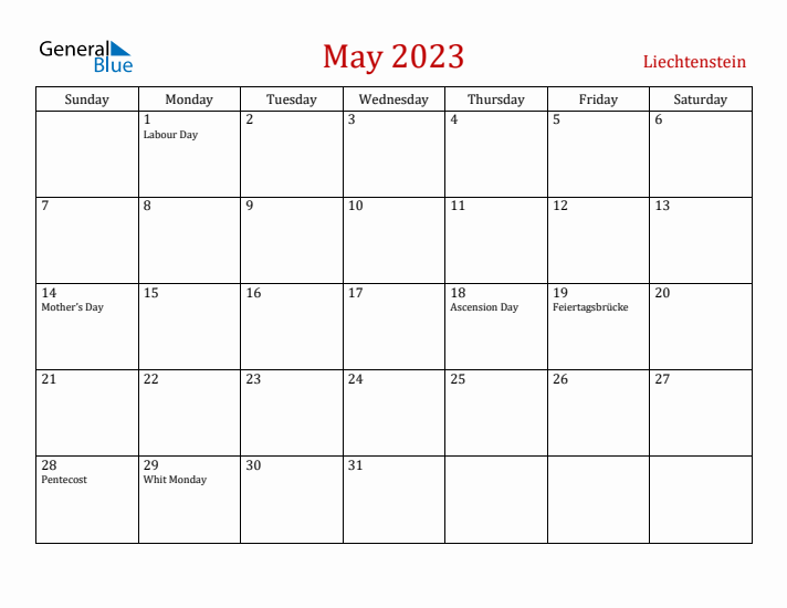 Liechtenstein May 2023 Calendar - Sunday Start