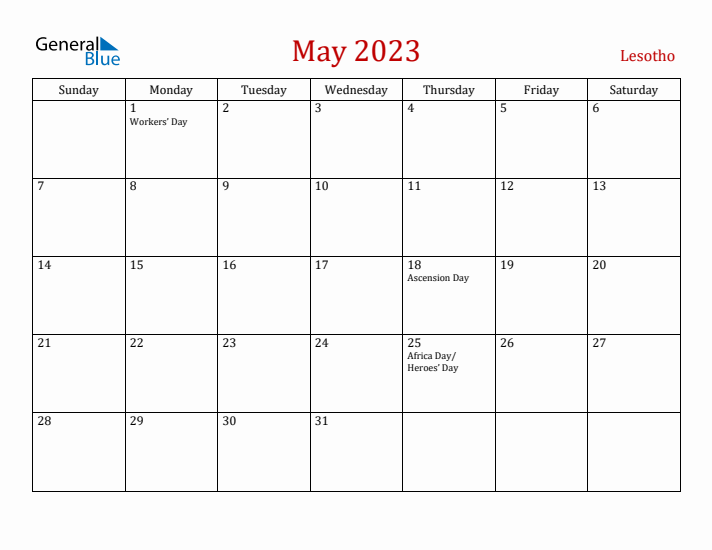 Lesotho May 2023 Calendar - Sunday Start