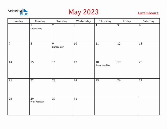 Luxembourg May 2023 Calendar - Sunday Start