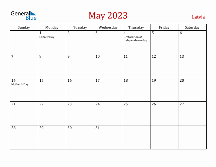 Latvia May 2023 Calendar - Sunday Start