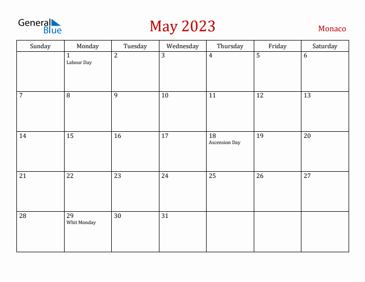 Monaco May 2023 Calendar - Sunday Start
