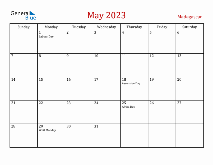 Madagascar May 2023 Calendar - Sunday Start