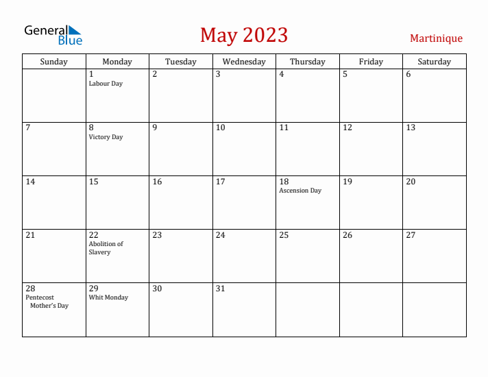 Martinique May 2023 Calendar - Sunday Start