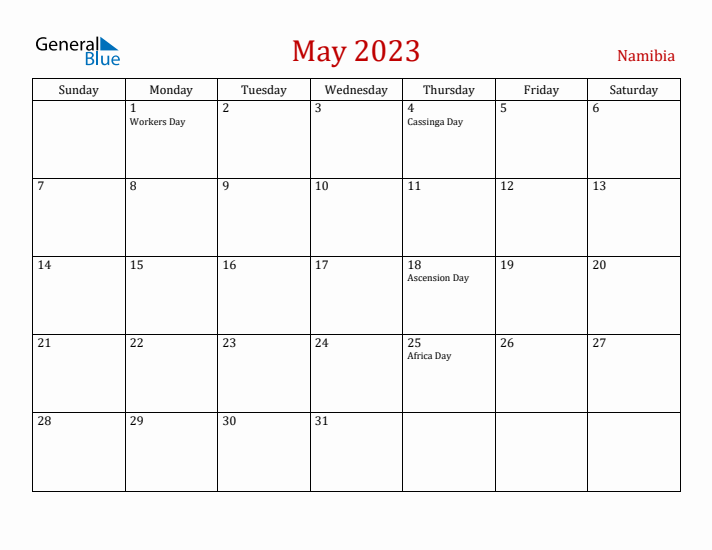 Namibia May 2023 Calendar - Sunday Start