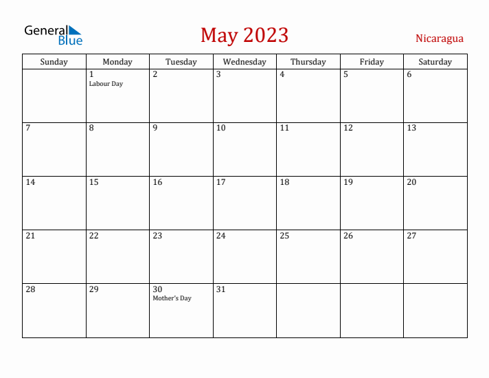 Nicaragua May 2023 Calendar - Sunday Start