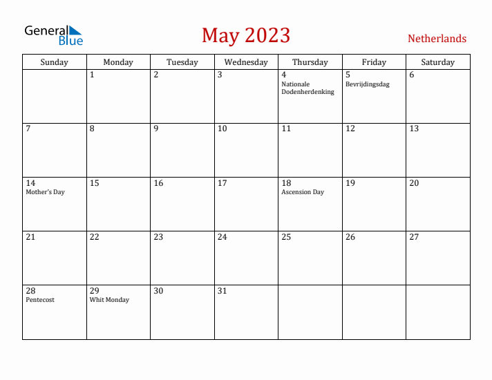 The Netherlands May 2023 Calendar - Sunday Start
