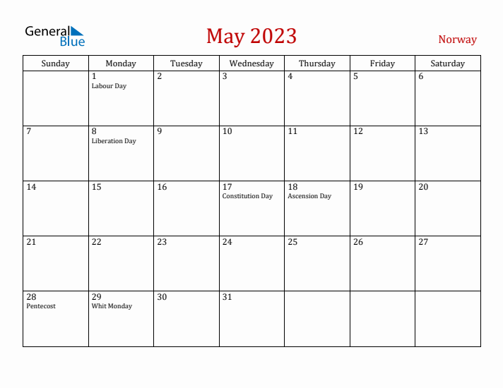 Norway May 2023 Calendar - Sunday Start