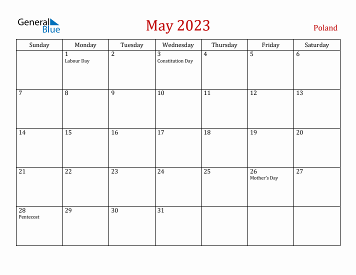 Poland May 2023 Calendar - Sunday Start