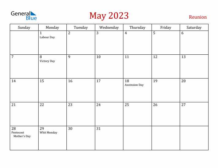 Reunion May 2023 Calendar - Sunday Start