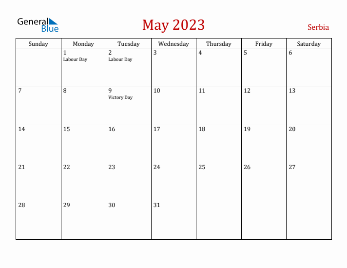 Serbia May 2023 Calendar - Sunday Start