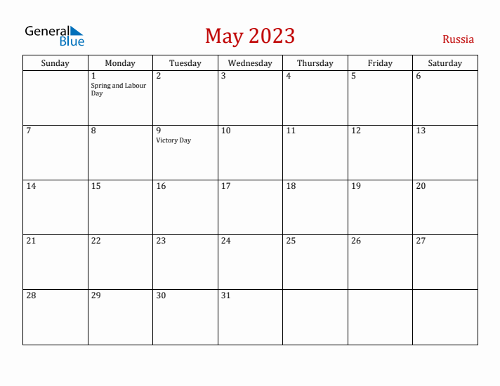 Russia May 2023 Calendar - Sunday Start