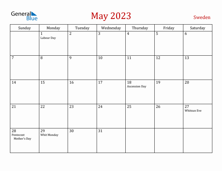 Sweden May 2023 Calendar - Sunday Start