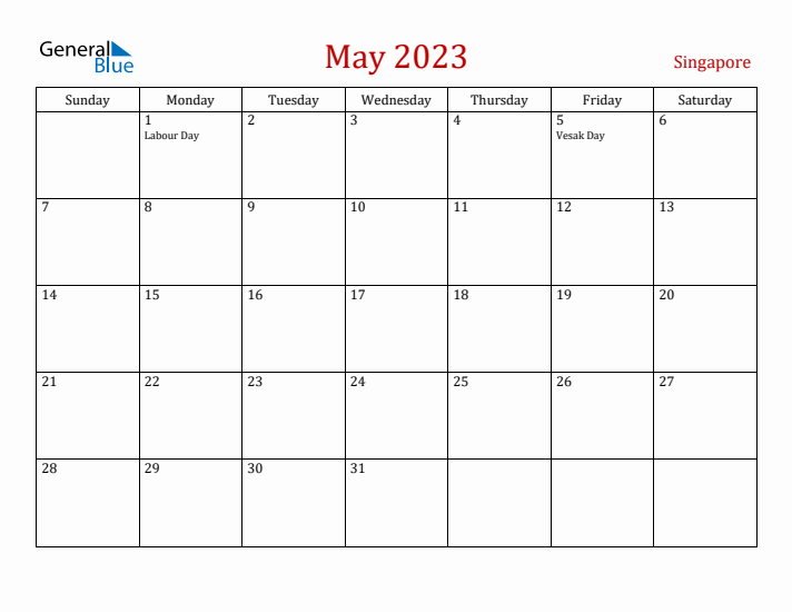 Singapore May 2023 Calendar - Sunday Start