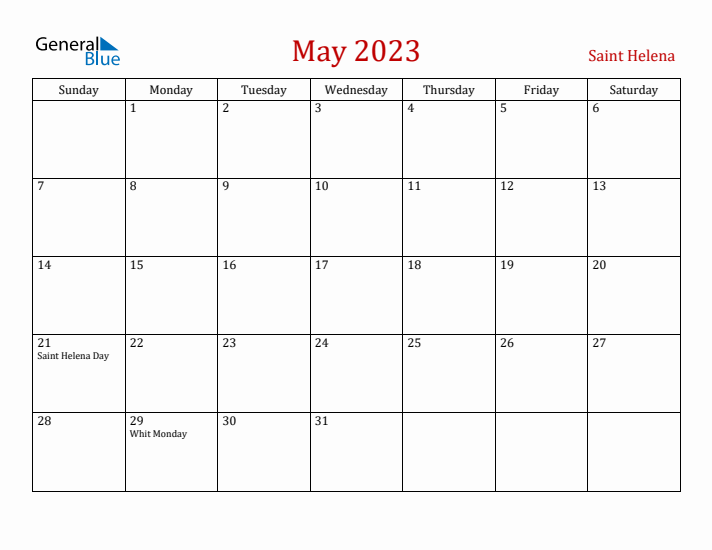 Saint Helena May 2023 Calendar - Sunday Start