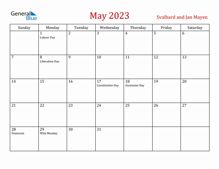 Svalbard and Jan Mayen May 2023 Calendar - Sunday Start