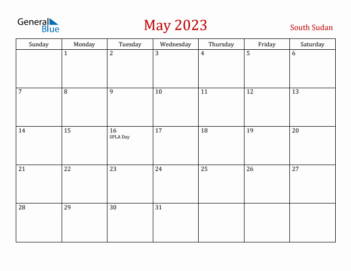South Sudan May 2023 Calendar - Sunday Start