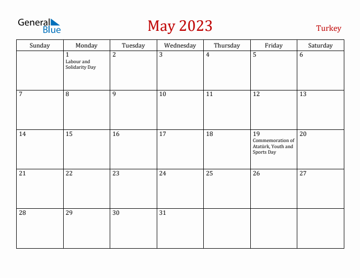 Turkey May 2023 Calendar - Sunday Start