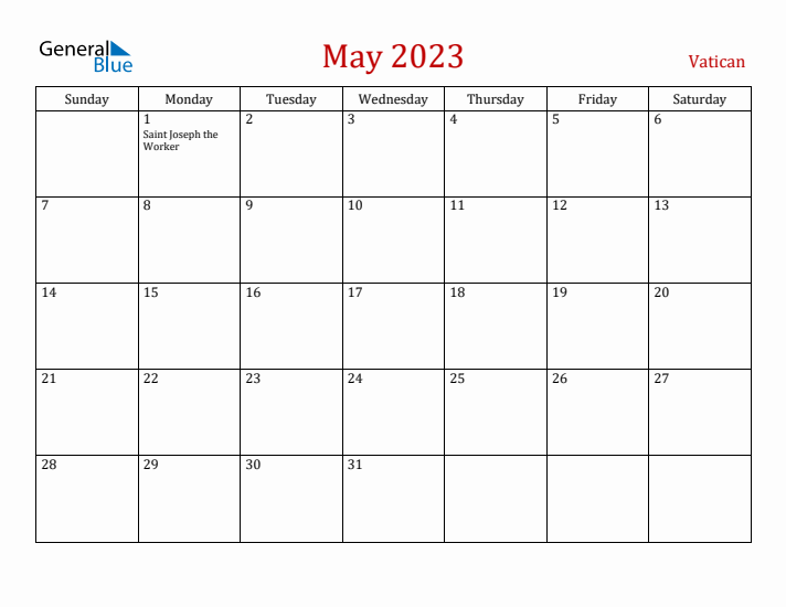 Vatican May 2023 Calendar - Sunday Start