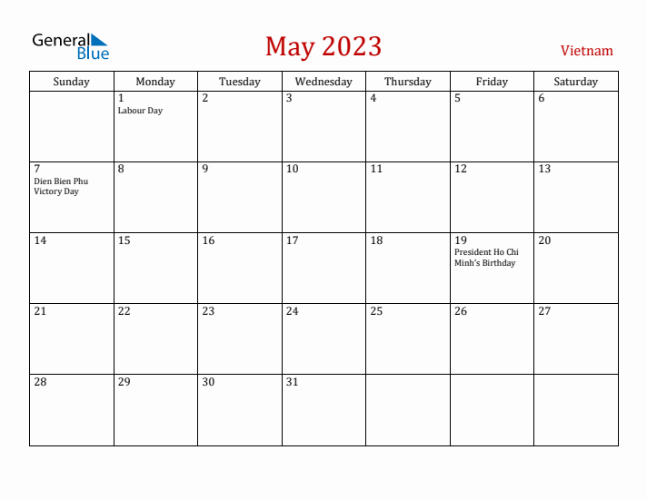 Vietnam May 2023 Calendar - Sunday Start