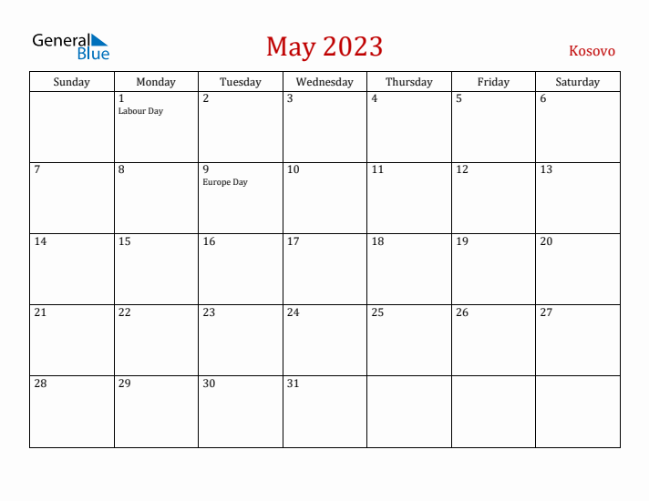 Kosovo May 2023 Calendar - Sunday Start