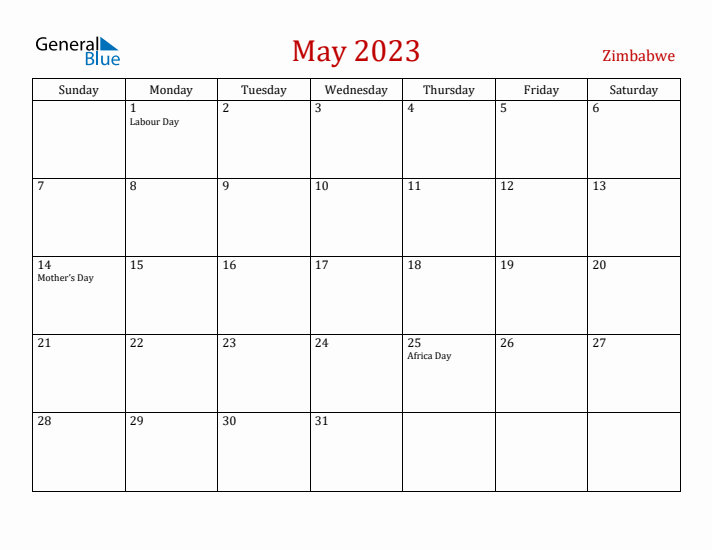 Zimbabwe May 2023 Calendar - Sunday Start