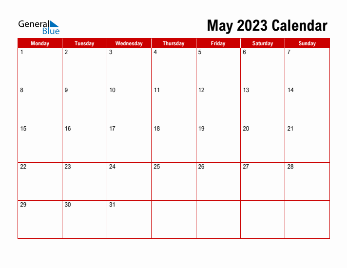 Simple Monthly Calendar - May 2023