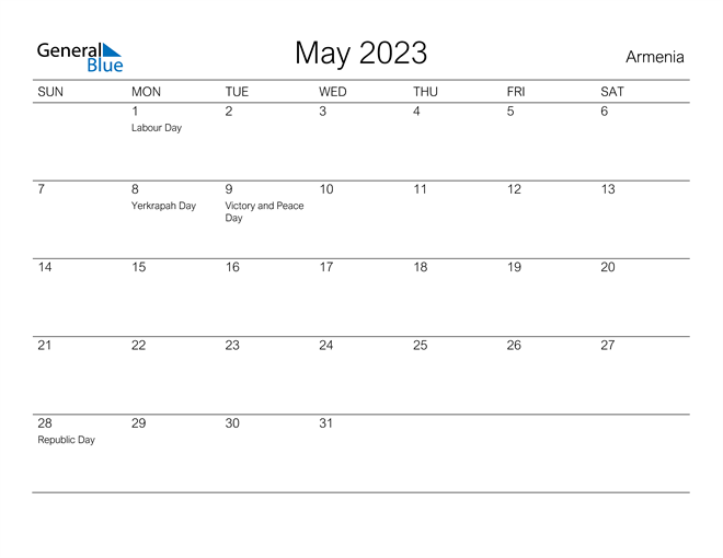 Printable May 2023 Calendar for Armenia