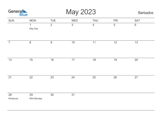 May 2023 Calendar with Barbados Holidays