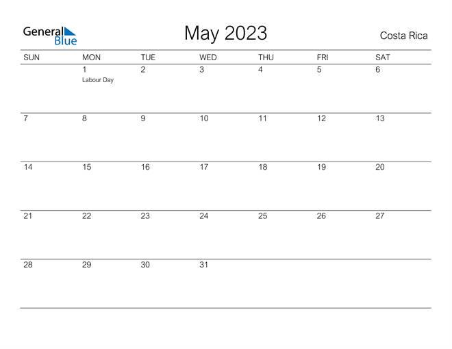 Printable May 2023 Calendar for Costa Rica