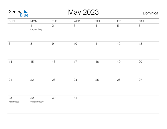 Printable May 2023 Calendar for Dominica