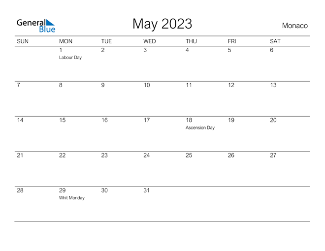 Printable May 2023 Calendar for Monaco