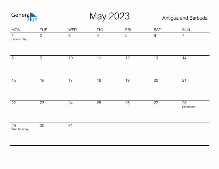 Printable May 2023 Calendar for Antigua and Barbuda