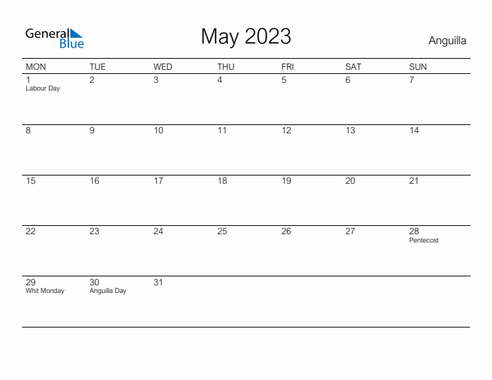 Printable May 2023 Calendar for Anguilla