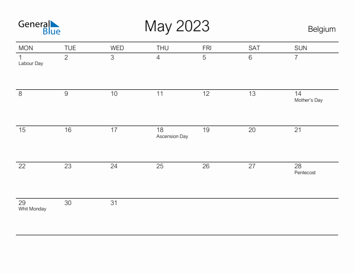 Printable May 2023 Calendar for Belgium