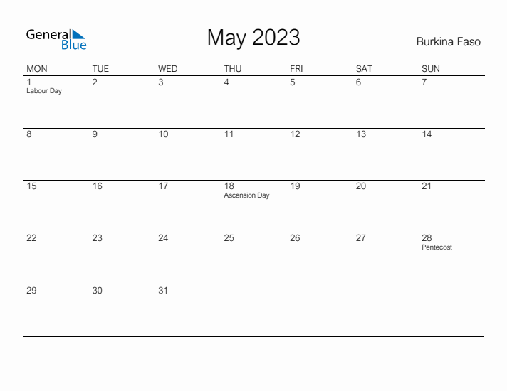 Printable May 2023 Calendar for Burkina Faso