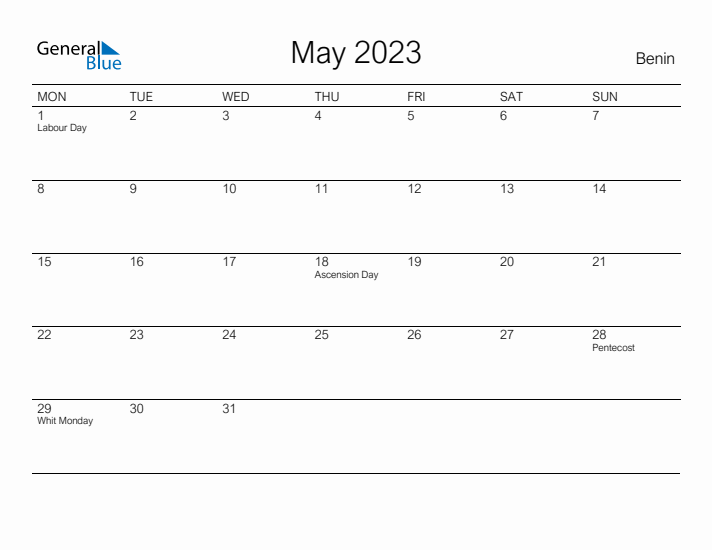 Printable May 2023 Calendar for Benin