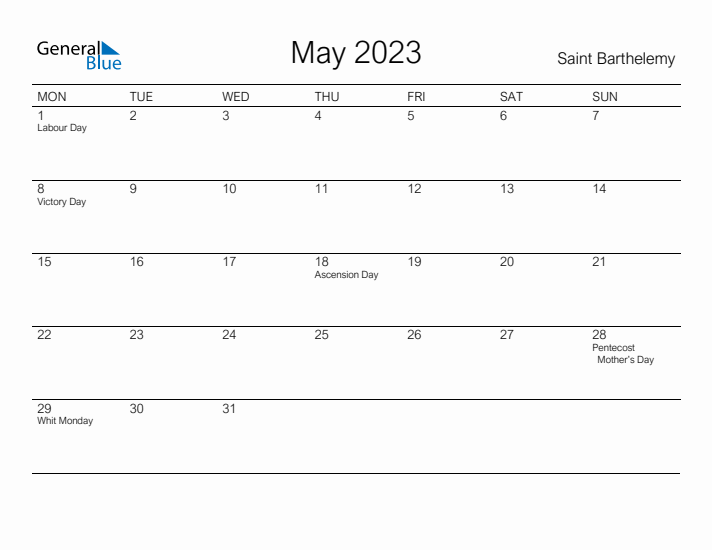 Printable May 2023 Calendar for Saint Barthelemy