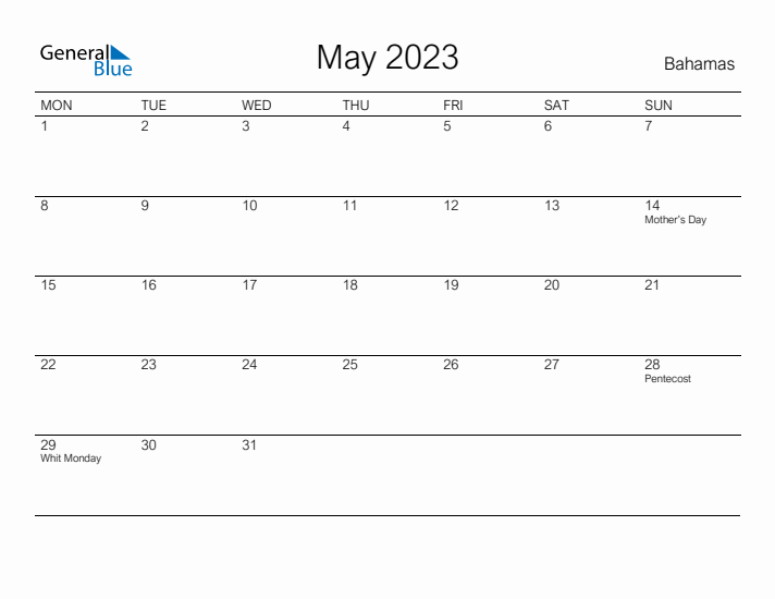 Printable May 2023 Calendar for Bahamas