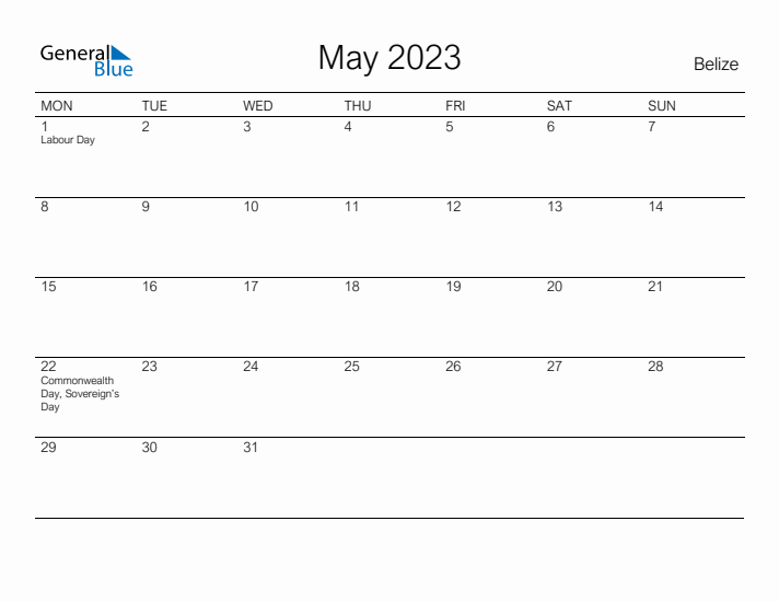 Printable May 2023 Calendar for Belize