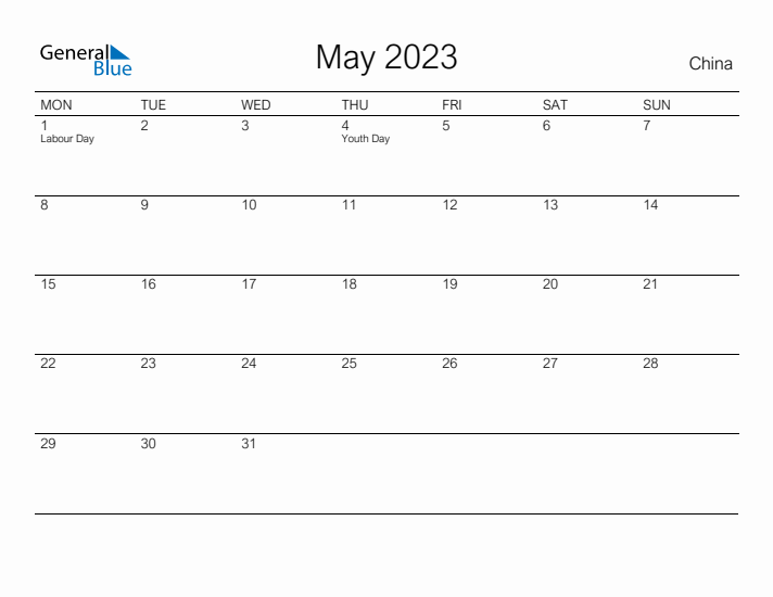 Printable May 2023 Calendar for China