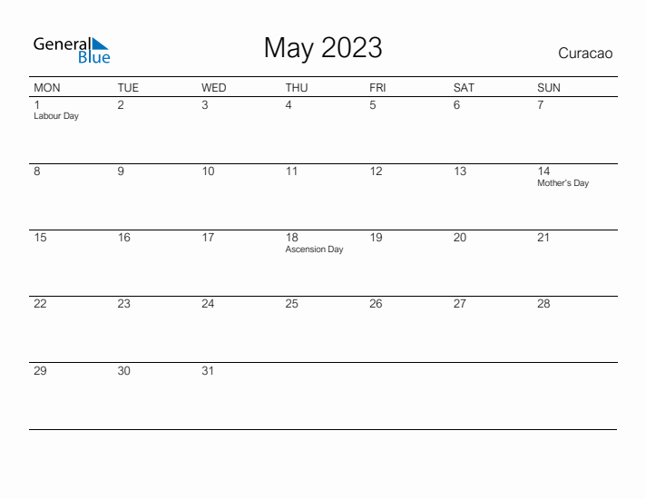 Printable May 2023 Calendar for Curacao