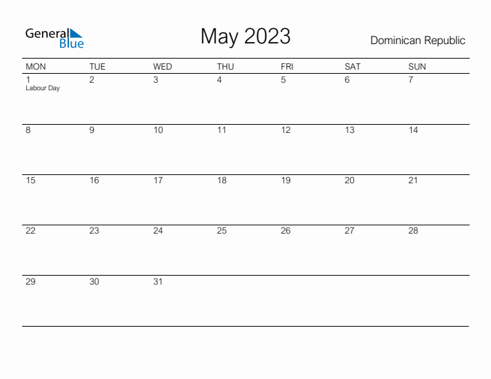 Printable May 2023 Calendar for Dominican Republic