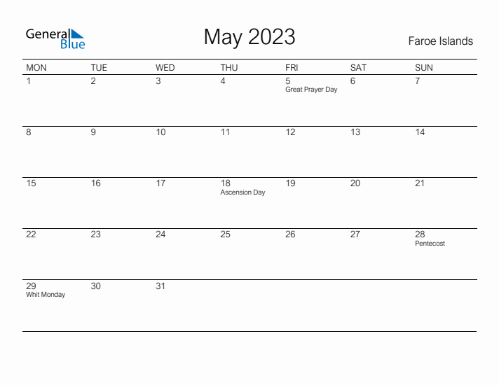 Printable May 2023 Calendar for Faroe Islands