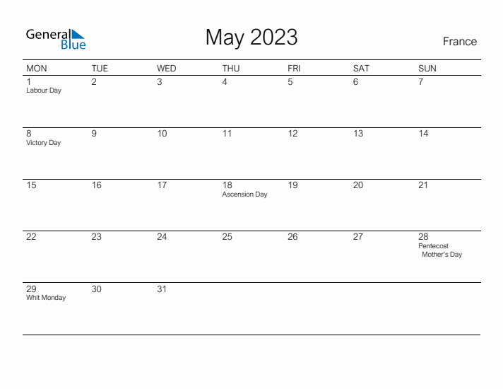 Printable May 2023 Calendar for France