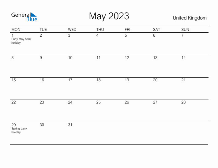 Printable May 2023 Calendar for United Kingdom