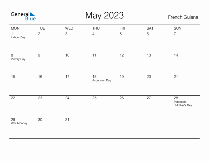 Printable May 2023 Calendar for French Guiana